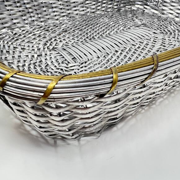 Vintage Mid Century Casserole Holder Woven Aluminum Brass Table Serving Basket - Picture 8 of 15